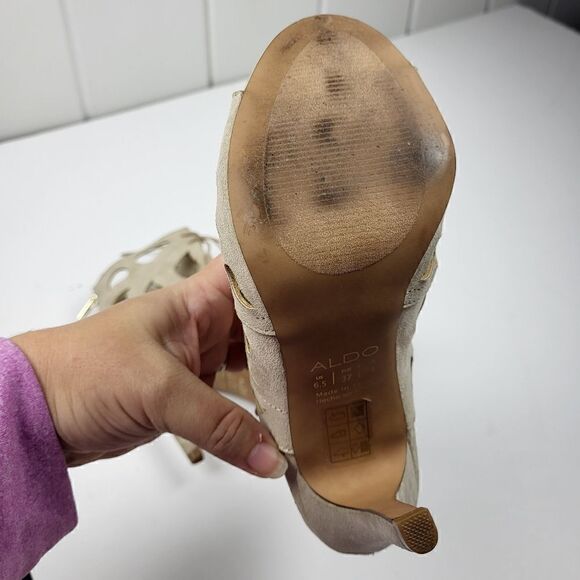 Aldo Tan Suede Laser-Cut Peep Toe Heels, Size 6.5 - Picture 9 of 16